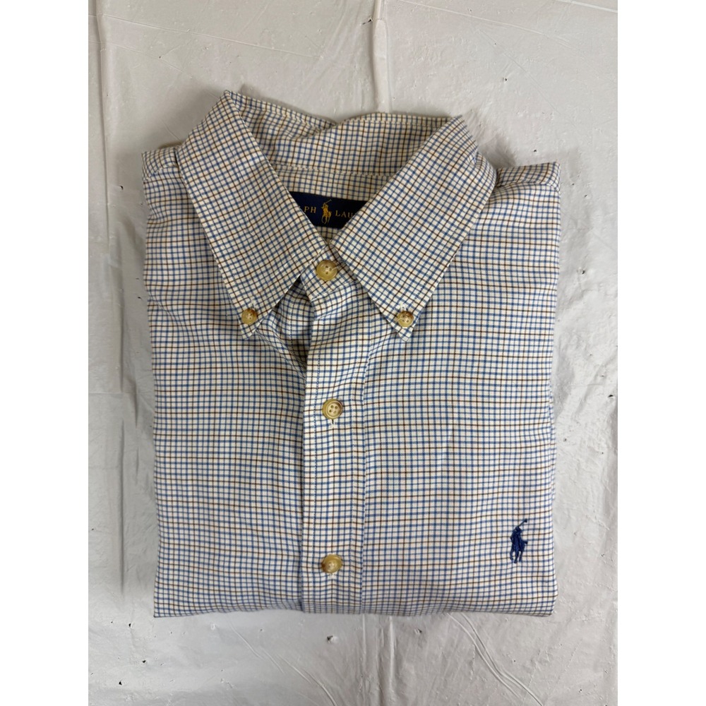 Ralph Lauren Mens Large Blue Tan Check Cotton‎ Button Down Shirt Long Sleeve L